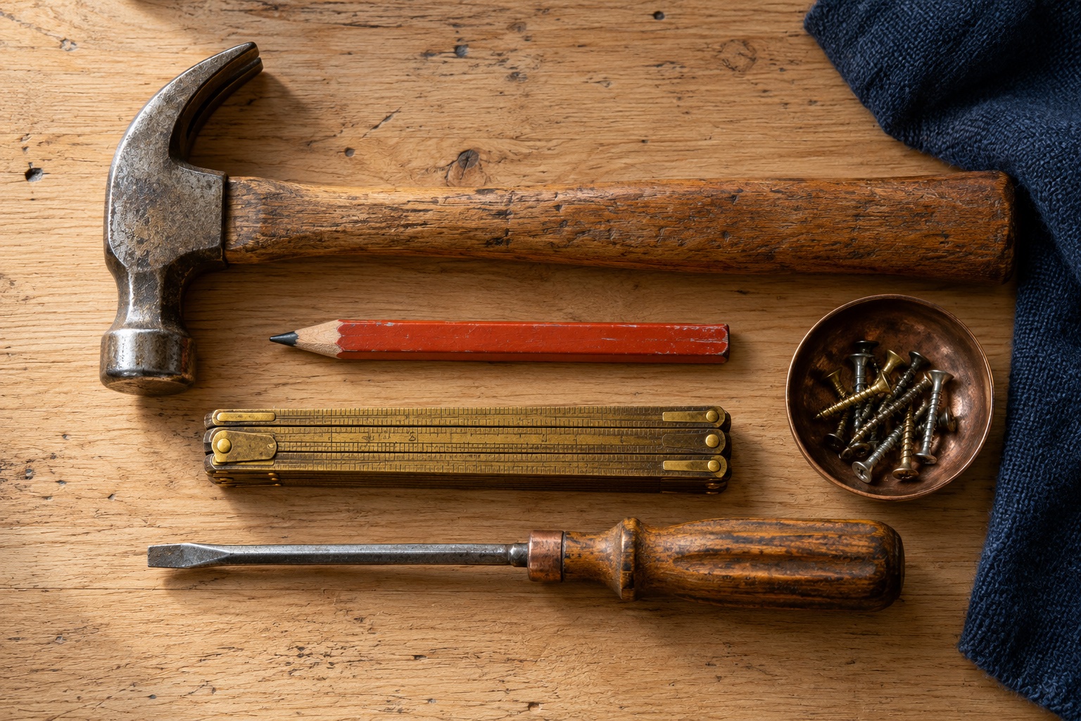 Illustrative arrangement of a hammer, pencil, folding rule and screwdriver on wood
